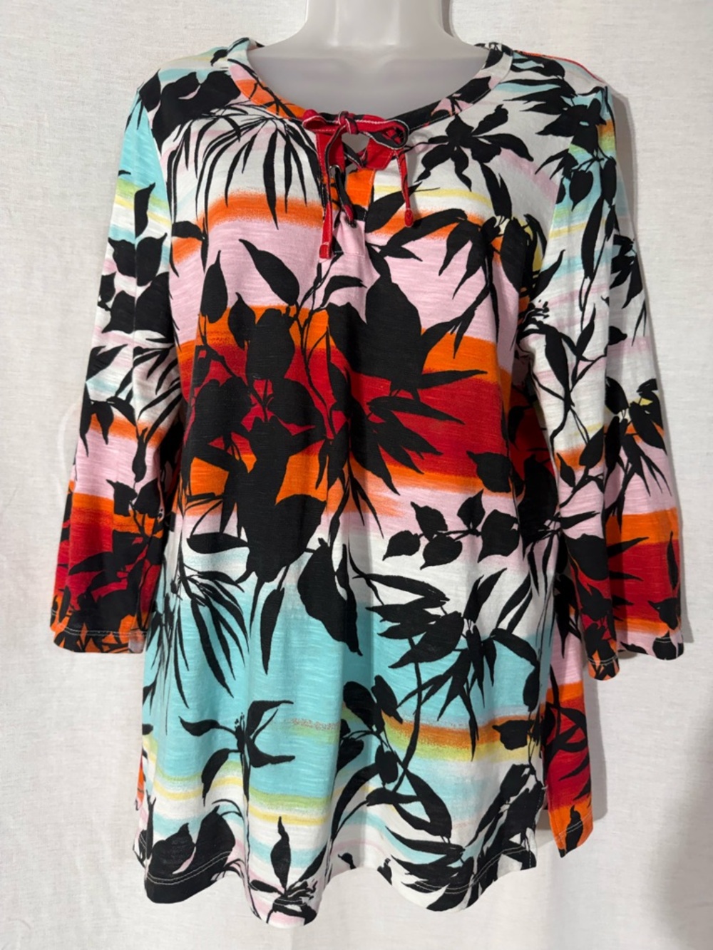 Chico's Red, Black & Gray Lace-Up Tropical Tunic Size Large